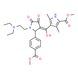 ChemSpider 2D Image | Methyl 4-[(E)-{1-[2-(diethylamino)ethyl]-2-[4-(methoxycarbonyl)phenyl]-4,5-dioxo-3-pyrrolidinylidene}(hydroxy)methyl]-3,5-dimethyl-1H-pyrrole-2-carboxylate | C27H33N3O7