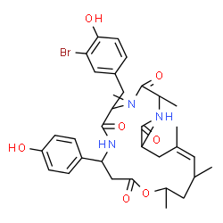 ChemSpider 2D Image | (15Z)-7-(3-Bromo-4-hydroxybenzyl)-4-(4-hydroxyphenyl)-8,10,13,15,17,19-hexamethyl-1-oxa-5,8,11-triazacyclononadec-15-ene-2,6,9,12-tetrone | C34H44BrN3O7