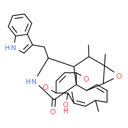 ChemSpider 2D Image | (1Z)-7-Hydroxy-14-(1H-indol-3-ylmethyl)-4,6,15,15a-tetramethyl-4,7,14,14a,15,15a,16a,16b-octahydro-3H-cyclotrideca[d]oxireno[f]isoindole-8,11,12(13H)-trione | C32H36N2O5