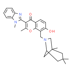 ChemSpider 2D Image | 7-Hydroxy-2-methyl-3-(1-methyl-1H-benzimidazol-2-yl)-8-[(1,3,3-trimethyl-6-azabicyclo[3.2.1]oct-6-yl)methyl]-4H-chromen-4-one | C29H33N3O3