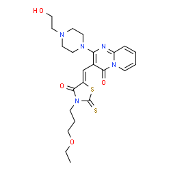 ChemSpider 2D Image | 3-{(Z)-[3-(3-Ethoxypropyl)-4-oxo-2-thioxo-1,3-thiazolidin-5-ylidene]methyl}-2-[4-(2-hydroxyethyl)-1-piperazinyl]-4H-pyrido[1,2-a]pyrimidin-4-one | C23H29N5O4S2