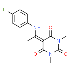 ChemSpider 2D Image | 5-{1-[(4-Fluorophenyl)amino]ethylidene}-1,3-dimethyl-2,4,6(1H,3H,5H)-pyrimidinetrione | C14H14FN3O3