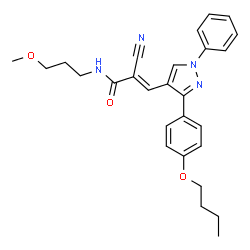 ChemSpider 2D Image | (2E)-3-[3-(4-Butoxyphenyl)-1-phenyl-1H-pyrazol-4-yl]-2-cyano-N-(3-methoxypropyl)acrylamide | C27H30N4O3