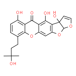 ChemSpider 2D Image | 3a,4,6-Trihydroxy-9-(3-hydroxy-3-methylbutyl)-3a,12a-dihydro-5H-furo[3',2':4,5]furo[3,2-b]xanthen-5-one | C22H20O8