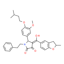 ChemSpider 2D Image | (4E)-4-[Hydroxy(2-methyl-2,3-dihydro-1-benzofuran-5-yl)methylene]-5-[3-methoxy-4-(3-methylbutoxy)phenyl]-1-(2-phenylethyl)-2,3-pyrrolidinedione | C34H37NO6