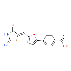 ChemSpider 2D Image | 4-{5-[(Z)-(2-Amino-4-oxo-1,3-thiazol-5(4H)-ylidene)methyl]-2-furyl}benzoic acid | C15H10N2O4S