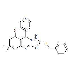 ChemSpider 2D Image | 2-(Benzylsulfanyl)-6,6-dimethyl-9-(4-pyridinyl)-5,6,7,9-tetrahydro[1,2,4]triazolo[5,1-b]quinazolin-8(1H)-one | C23H23N5OS