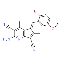 ChemSpider 2D Image | (5E)-2-Amino-5-[(6-bromo-1,3-benzodioxol-5-yl)methylene]-4,6-dimethyl-5H-cyclopenta[b]pyridine-3,7-dicarbonitrile | C20H13BrN4O2