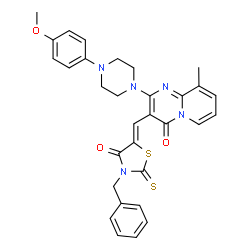 ChemSpider 2D Image | 3-[(Z)-(3-Benzyl-4-oxo-2-thioxo-1,3-thiazolidin-5-ylidene)methyl]-2-[4-(4-methoxyphenyl)-1-piperazinyl]-9-methyl-4H-pyrido[1,2-a]pyrimidin-4-one | C31H29N5O3S2