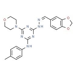 ChemSpider 2D Image | 4-[(2Z)-2-(1,3-Benzodioxol-5-ylmethylene)hydrazino]-N-(4-methylphenyl)-6-(4-morpholinyl)-1,3,5-triazin-2-amine | C22H23N7O3