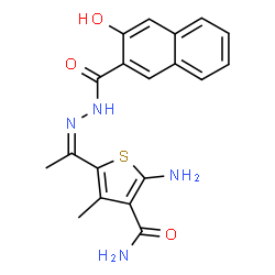 ChemSpider 2D Image | 2-Amino-5-[(1Z)-N-(3-hydroxy-2-naphthoyl)ethanehydrazonoyl]-4-methyl-3-thiophenecarboxamide | C19H18N4O3S