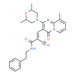 ChemSpider 2D Image | (2E)-2-Cyano-3-[2-(2,6-dimethyl-4-morpholinyl)-9-methyl-4-oxo-4H-pyrido[1,2-a]pyrimidin-3-yl]-N-(2-phenylethyl)acrylamide | C27H29N5O3