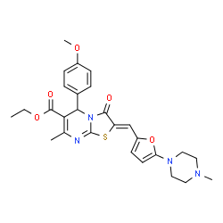ChemSpider 2D Image | (E)-ethyl 5-(4-methoxyphenyl)-7-methyl-2-((5-(4-methylpiperazin-1-yl)furan-2-yl)methylene)-3-oxo-3,5-dihydro-2H-thiazolo[3,2-a]pyrimidine-6-carboxylate | C27H30N4O5S