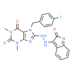 ChemSpider 2D Image | 7-(4-Fluorobenzyl)-1,3-dimethyl-8-[2-(2-oxo-2H-indol-3-yl)hydrazino]-3,7-dihydro-1H-purine-2,6-dione | C22H18FN7O3