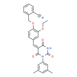 ChemSpider 2D Image | 2-[(4-{(E)-[1-(3,5-Dimethylphenyl)-2,4,6-trioxotetrahydro-5(2H)-pyrimidinylidene]methyl}-2-ethoxyphenoxy)methyl]benzonitrile | C29H25N3O5