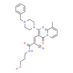 ChemSpider 2D Image | (2E)-3-[2-(4-Benzyl-1-piperazinyl)-9-methyl-4-oxo-4H-pyrido[1,2-a]pyrimidin-3-yl]-2-cyano-N-(3-methoxypropyl)acrylamide | C28H32N6O3