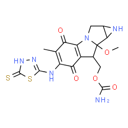 ChemSpider 2D Image | {8a-Methoxy-5-methyl-4,7-dioxo-6-[(5-thioxo-4,5-dihydro-1,3,4-thiadiazol-2-yl)amino]-1,1a,2,4,7,8,8a,8b-octahydroazireno[2',3':3,4]pyrrolo[1,2-a]indol-8-yl}methyl carbamate | C17H18N6O5S2