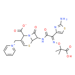 ChemSpider 2D Image | 7-{[(2E)-2-(2-Amino-1,3-thiazol-4-yl)-2-{[(2-carboxy-2-propanyl)oxy]imino}acetyl]amino}-8-oxo-3-(1-pyridiniumylmethyl)-5-thia-1-azabicyclo[4.2.0]oct-3-ene-2-carboxylate | C22H22N6O7S2