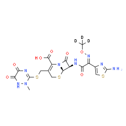 ChemSpider 2D Image | (6R,7R)-7-{[(2Z)-2-(2-Amino-1,3-thiazol-4-yl)-2-{[(~2~H_3_)methyloxy]imino}acetyl]amino}-3-{[(2-methyl-5,6-dioxo-1,2,5,6-tetrahydro-1,2,4-triazin-3-yl)sulfanyl]methyl}-8-oxo-5-thia-1-azabicyclo[4.2.0]
oct-2-ene-2-carboxylic acid | C18H15D3N8O7S3