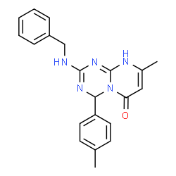 ChemSpider 2D Image | 2-(Benzylamino)-8-methyl-4-(4-methylphenyl)-4,9-dihydro-6H-pyrimido[1,2-a][1,3,5]triazin-6-one | C21H21N5O