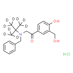 ChemSpider 2D Image | 2-{Benzyl[2-(~2~H_3_)methyl(~2~H_6_)-2-propanyl]amino}-1-[4-hydroxy-3-(hydroxymethyl)phenyl]ethanone hydrochloride (1:1) | C20H17D9ClNO3