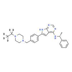 ChemSpider 2D Image | 6-(4-{[4-(~2~H_5_)Ethyl-1-piperazinyl]methyl}phenyl)-N-[(1R)-1-phenylethyl]-7H-pyrrolo[2,3-d]pyrimidin-4-amine | C27H27D5N6