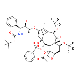 ChemSpider 2D Image | (2alpha,5beta,7beta,10beta,13alpha)-4-Acetoxy-1-hydroxy-13-{[(2R,3S)-2-hydroxy-3-({[(2-methyl-2-propanyl)oxy]carbonyl}amino)-3-phenylpropanoyl]oxy}-7,10-bis[(~2~H_3_)methyloxy]-9-oxo-5,20-epoxytax-11-
en-2-yl benzoate | C45H51D6NO14