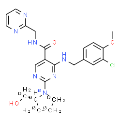 ChemSpider 2D Image | 4-[(3-Chloro-4-methoxybenzyl)amino]-2-{2-[hydroxy(~13~C)methyl](~13~C_4_,~15~N)-1-pyrrolidinyl}-N-(2-pyrimidinylmethyl)-5-pyrimidinecarboxamide | C1813C5H26ClN615NO3
