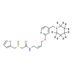 ChemSpider 2D Image | 2-[(2-Furylmethyl)sulfinyl]-N-[(2Z)-4-({4-[(~2~H_10_)-1-piperidinylmethyl]-2-pyridinyl}oxy)-2-buten-1-yl]acetamide | C22H19D10N3O4S