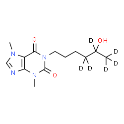 ChemSpider 2D Image | 1-[5-Hydroxy(4,4,5,6,6,6-~2~H_6_)hexyl]-3,7-dimethyl-3,7-dihydro-1H-purine-2,6-dione | C13H14D6N4O3