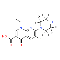 ChemSpider 2D Image | 1-Ethyl-6-fluoro-4-oxo-7-[(2,2,3,3,5,5,6,6-~2~H_8_)-1-piperazinyl]-1,4-dihydro-1,8-naphthyridine-3-carboxylic acid | C15H9D8FN4O3