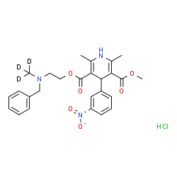 ChemSpider 2D Image | 2-{Benzyl[(~2~H_3_)methyl]amino}ethyl methyl 2,6-dimethyl-4-(3-nitrophenyl)-1,4-dihydro-3,5-pyridinedicarboxylate hydrochloride (1:1) | C26H27D3ClN3O6