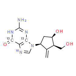 ChemSpider 2D Image | 2-Amino-9-[(1S,3R,4R)-4-hydroxy-3-(hydroxymethyl)-2-methylenecyclopentyl](4,6-~13~C_2_,7-~15~N)-1,9-dihydro-6H-purin-6-one | C1013C2H15N415NO3