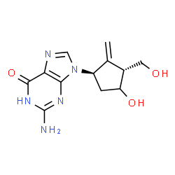 ChemSpider 2D Image | 2-Amino-9-[(1R,3R)-4-hydroxy-3-(hydroxymethyl)-2-methylenecyclopentyl]-1,9-dihydro-6H-purin-6-one | C12H15N5O3