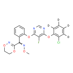 ChemSpider 2D Image | 1-{2-[(6-{[2-Chloro(~2~H_4_)phenyl]oxy}-5-fluoro-4-pyrimidinyl)oxy]phenyl}-1-(5,6-dihydro-1,4,2-dioxazin-3-yl)-N-methoxymethanimine | C21H12D4ClFN4O5