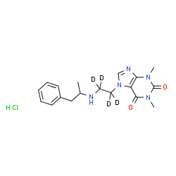ChemSpider 2D Image | 1,3-Dimethyl-7-{2-[(1-phenyl-2-propanyl)amino](~2~H_4_)ethyl}-3,7-dihydro-1H-purine-2,6-dione hydrochloride (1:1) | C18H20D4ClN5O2