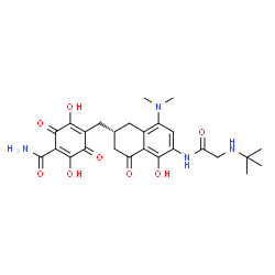 ChemSpider 2D Image | 4-{[(2S)-8-(Dimethylamino)-5-hydroxy-6-{[N-(2-methyl-2-propanyl)glycyl]amino}-4-oxo-1,2,3,4-tetrahydro-2-naphthalenyl]methyl}-2,5-dihydroxy-3,6-dioxo-1,4-cyclohexadiene-1-carboxamide | C26H32N4O8