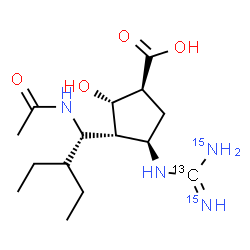 ChemSpider 2D Image | (1S,2S,3R,4R)-3-[(1S)-1-Acetamido-2-ethylbutyl]-4-[(~13~C,N',N''-~15~N_2_)carbamimidamido]-2-hydroxycyclopentanecarboxylic acid | C1413CH28N215N2O4