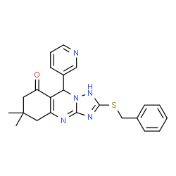ChemSpider 2D Image | 2-(Benzylsulfanyl)-6,6-dimethyl-9-(3-pyridinyl)-5,6,7,9-tetrahydro[1,2,4]triazolo[5,1-b]quinazolin-8(1H)-one | C23H23N5OS