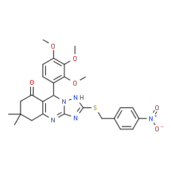 ChemSpider 2D Image | 6,6-Dimethyl-2-[(4-nitrobenzyl)sulfanyl]-9-(2,3,4-trimethoxyphenyl)-5,6,7,9-tetrahydro[1,2,4]triazolo[5,1-b]quinazolin-8(1H)-one | C27H29N5O6S