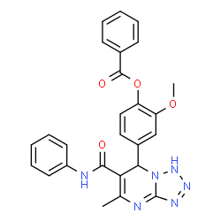 ChemSpider 2D Image | 2-Methoxy-4-[5-methyl-6-(phenylcarbamoyl)-1,7-dihydrotetrazolo[1,5-a]pyrimidin-7-yl]phenyl benzoate | C26H22N6O4