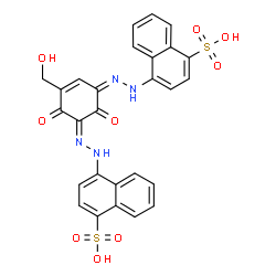 ChemSpider 2D Image | 4,4'-{[5-(Hydroxymethyl)-2,6-dioxo-4-cyclohexene-1,3-diylidene]di(2Z)-1-hydrazinyl-2-ylidene}di(1-naphthalenesulfonic acid) | C27H20N4O9S2