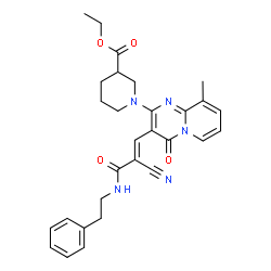 ChemSpider 2D Image | Ethyl 1-(3-{(1E)-2-cyano-3-oxo-3-[(2-phenylethyl)amino]-1-propen-1-yl}-9-methyl-4-oxo-4H-pyrido[1,2-a]pyrimidin-2-yl)-3-piperidinecarboxylate | C29H31N5O4