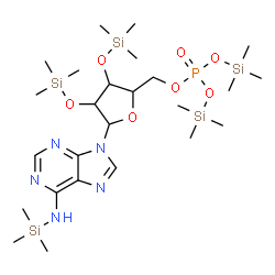 ChemSpider 2D Image | 9-[5-O-{Bis[(trimethylsilyl)oxy]phosphoryl}-2,3-bis-O-(trimethylsilyl)pentofuranosyl]-N-(trimethylsilyl)-9H-purin-6-amine | C25H54N5O7ψ5