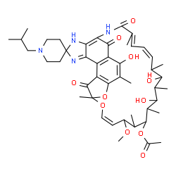 ChemSpider 2D Image | 2,15,17-Trihydroxy-1'-isobutyl-11-methoxy-3,7,12,14,16,18,22-heptamethyl-6,23,32-trioxospiro[8,33-dioxa-24,27,29-triazapentacyclo[23.6.1.1~4,7~.0~5,31~.0~26,30~]tritriaconta-1(31),2,4,9,19,21,25,29-oc
taene-28,4'-piperidin]-13-yl acetate | C46H62N4O11