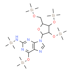 ChemSpider 2D Image | N-(Trimethylsilyl)-6-[(trimethylsilyl)oxy]-9-[2,3,5-tris-O-(trimethylsilyl)pentofuranosyl]-9H-purin-2-amine | C25H53N5O5Si5