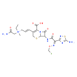 ChemSpider 2D Image | (2E)-N-(2-Amino-2-oxoethyl)-3-[7-({(2Z)-2-(5-amino-1,2,4-thiadiazol-3-yl)-2-[(fluoromethoxy)imino]acetyl}amino)-2-carboxy-8-oxo-5-thia-1-azabicyclo[4.2.0]oct-2-en-3-yl]-N-ethyl-N-methyl-2-propen-1-ami
nium | C20H26FN8O6S2
