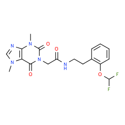 ChemSpider 2D Image | N-{2-[2-(Difluoromethoxy)phenyl]ethyl}-2-(3,7-dimethyl-2,6-dioxo-2,3,6,7-tetrahydro-1H-purin-1-yl)acetamide | C18H19F2N5O4