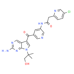 ChemSpider 2D Image | N-(5-{[2-Amino-7-(1-hydroxy-2-methyl-2-propanyl)-7H-pyrrolo[2,3-d]pyrimidin-5-yl]carbonyl}-3-pyridinyl)-2-(5-chloro-2-pyridinyl)acetamide | C23H22ClN7O3