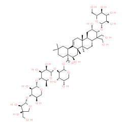 ChemSpider 2D Image | 3-O-[(2S,3R,4R)-3,4-Dihydroxy-4-(hydroxymethyl)tetrahydro-2-furanyl]-beta-D-xylopyranosyl-(1->4)-6-deoxy-alpha-L-mannopyranosyl-(1->2)-1-O-{[(4aR,5R,6aR,6bR,8aR,10R,11S,12aS,12bR,14bS)-10-(beta-D-gluc
opyranosyloxy)-5,11-dihydroxy-9,9-bis(hydroxymethyl)-2,2,6a,6b,12b-pentamethyl-1,3,4,5,6,6a,6b,7,8,8a,9,10,11,12,12a,12b,13,14b-octadecahydro-4a(2H)-picenyl]carbonyl}-L-arabinopyranose | C57H92O28